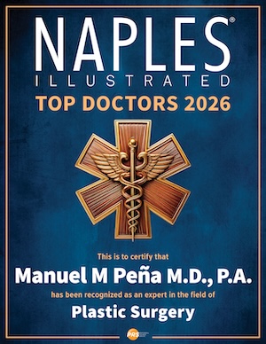 Dr. Manuel Peña was named one of Naples Illustrated's top doctors in 2026 Blue banner with gold colored caduceus badge naming Dr. Peña as a Top Doctor in Plastic Surgery