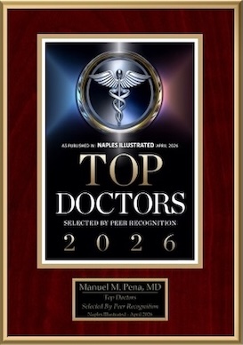 Dr. Manuel Peña was named one of Naples Illustrated's top doctors in 2026 Blue banner with gold colored caduceus badge naming Dr. Peña as a Top Doctor in Plastic Surgery